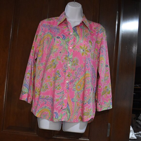 Lauren Ralph Lauren Blouse L Neon Pink Paisley Cotton Button Up Resort Chic - Picture 2 of 15